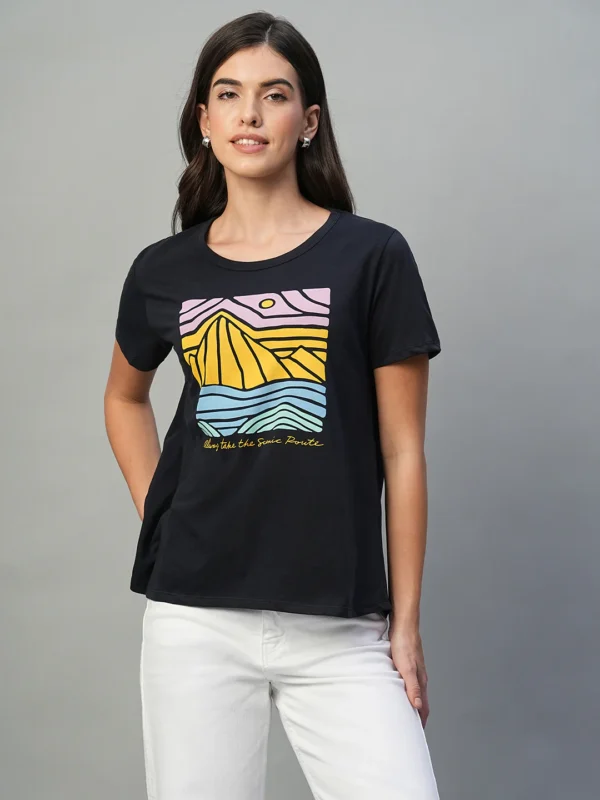 Women's Navy 100% Cotton Regular Fit Tshirt